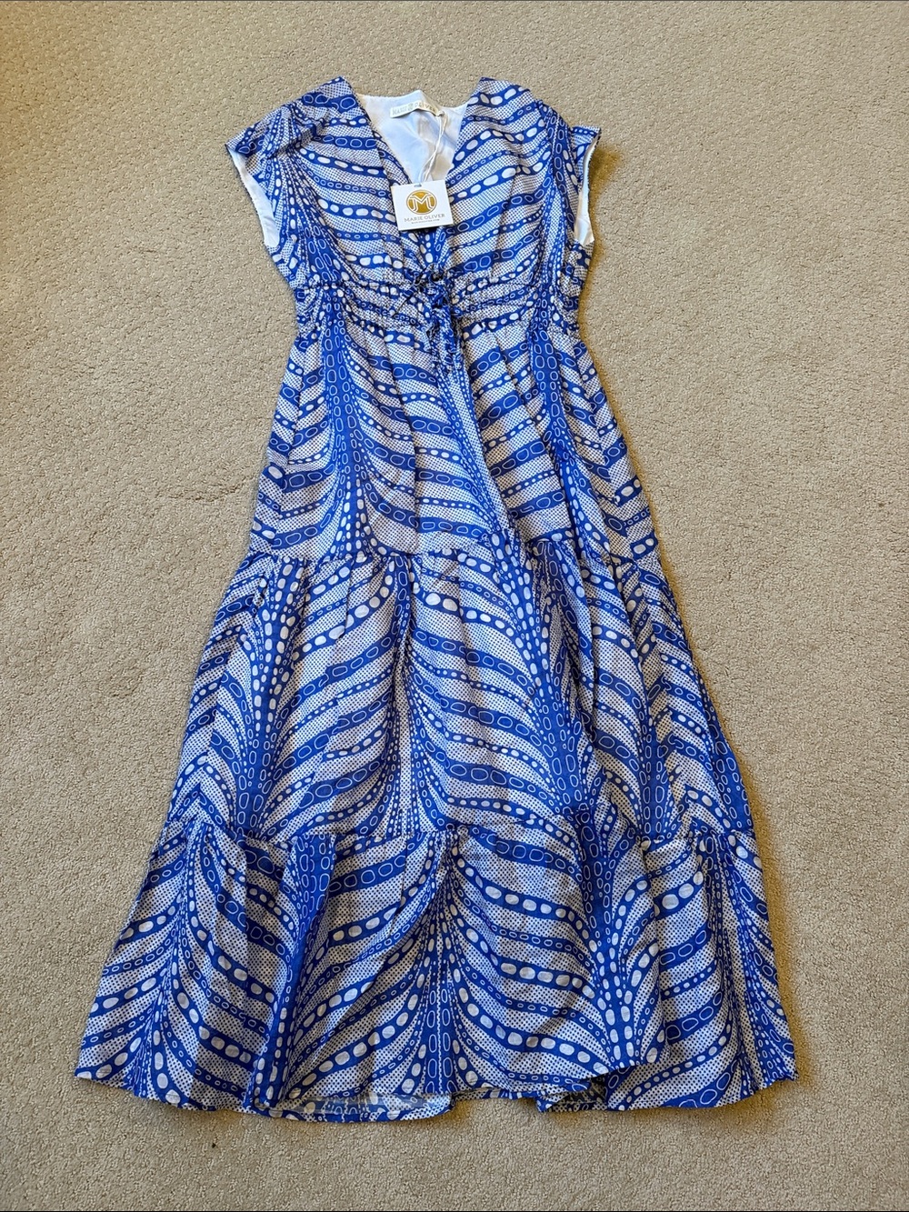 NWT Marie Oliver Indy  Blue and White Printed Tiered  Dress